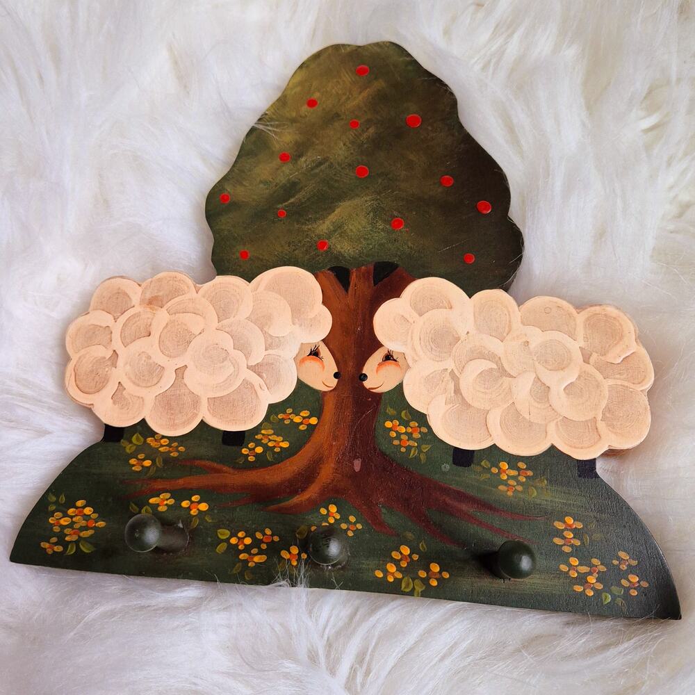 One of a Kind Vintage Hand Painted Wooden Sheep Wall Rack Cottagecore Key Holder
